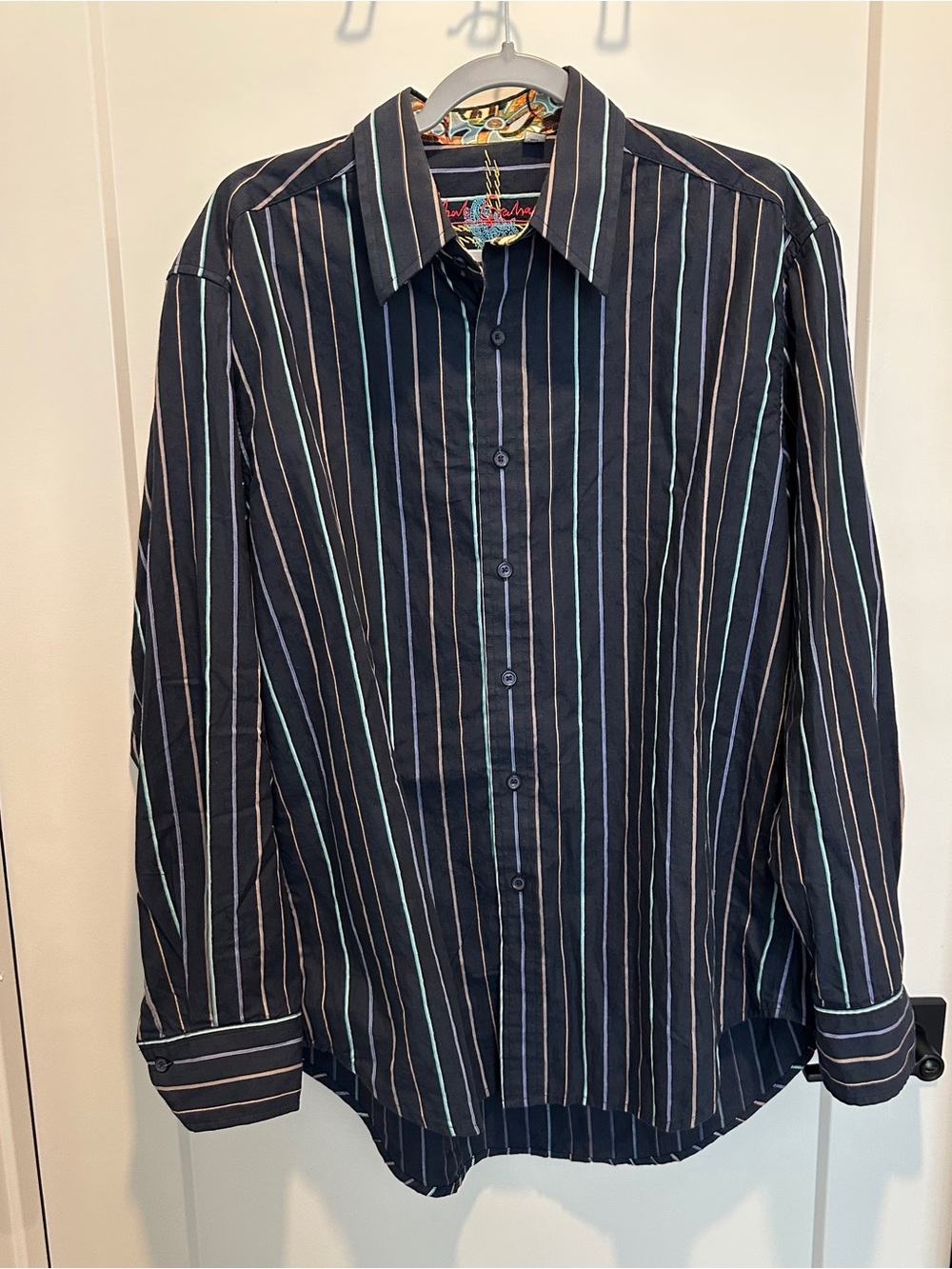 Robert Graham Black Dress Shirt with Multicolor Pinstripes. Size L.